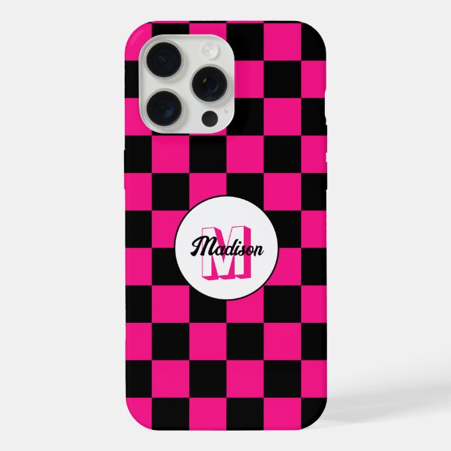 Chequered squares hot pink black retro Monogram iPhone Case (Back)