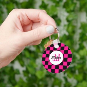 Chequered squares hot pink black retro Monogram Keychain