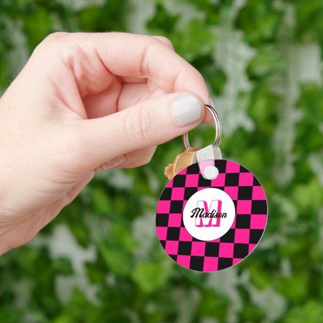 Chequered squares hot pink black retro Monogram Keychain (Hand)