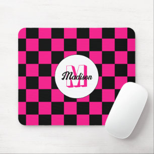 Chequered squares hot pink black retro Monogram Mouse Pad