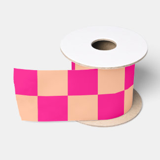 Chequered squares hot pink peach geometric retro satin ribbon