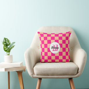 Chequered squares hot pink peach retro Monogram Throw Pillow