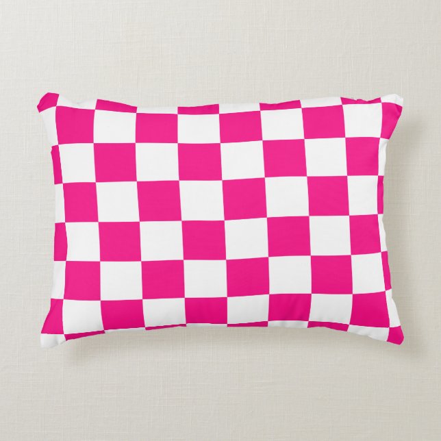 Chequered squares hot pink white geometric retro accent pillow (Front)