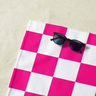 Chequered squares hot pink white geometric retro beach towel