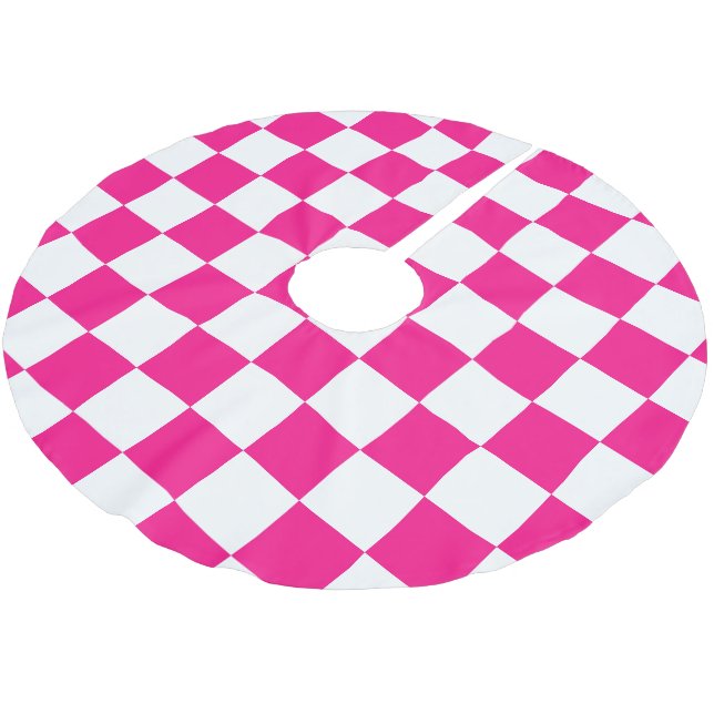 Chequered squares hot pink white geometric retro brushed polyester tree skirt (Angled)