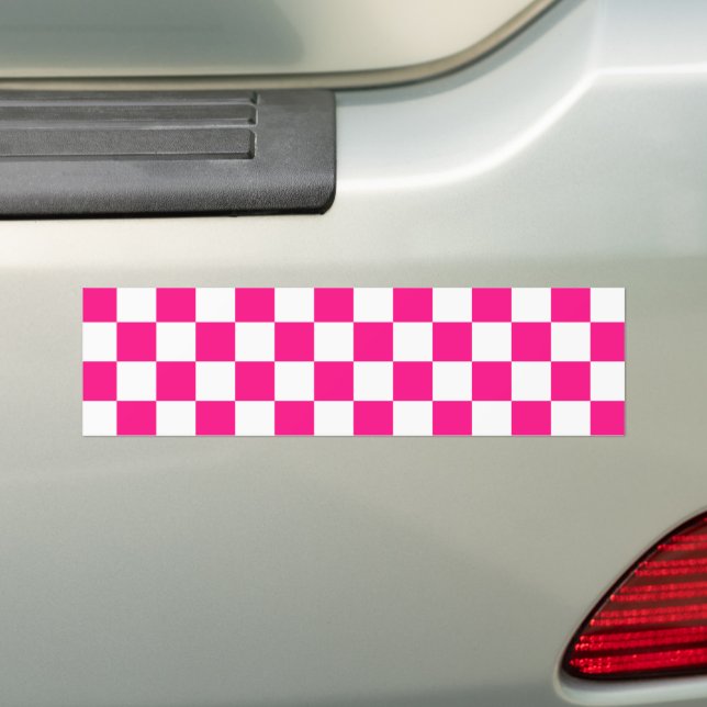 Chequered squares hot pink white geometric retro bumper sticker (On Car)