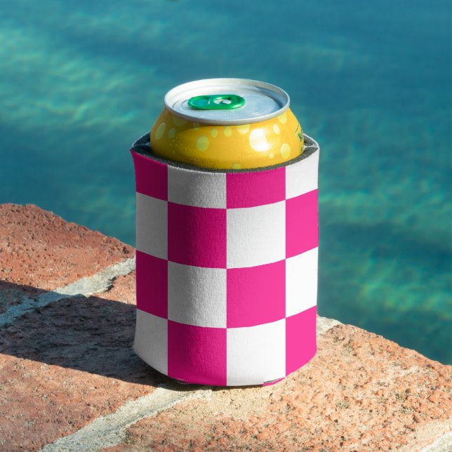 Chequered squares hot pink white geometric retro can cooler (In Situ Pool)