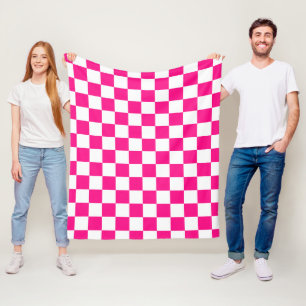 Chequered squares hot pink white geometric retro fleece blanket