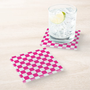 Chequered squares hot pink white geometric retro glass coaster