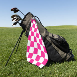 Chequered squares hot pink white geometric retro golf towel