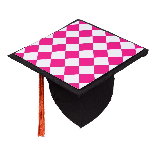 Chequered squares hot pink white geometric retro graduation cap topper (Angled)
