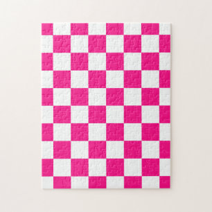 Chequered squares hot pink white geometric retro jigsaw puzzle