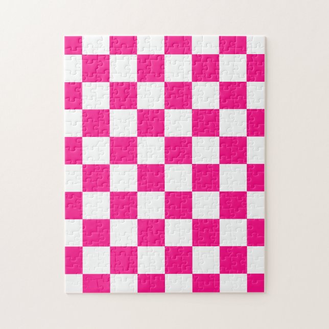 Chequered squares hot pink white geometric retro jigsaw puzzle (Vertical)