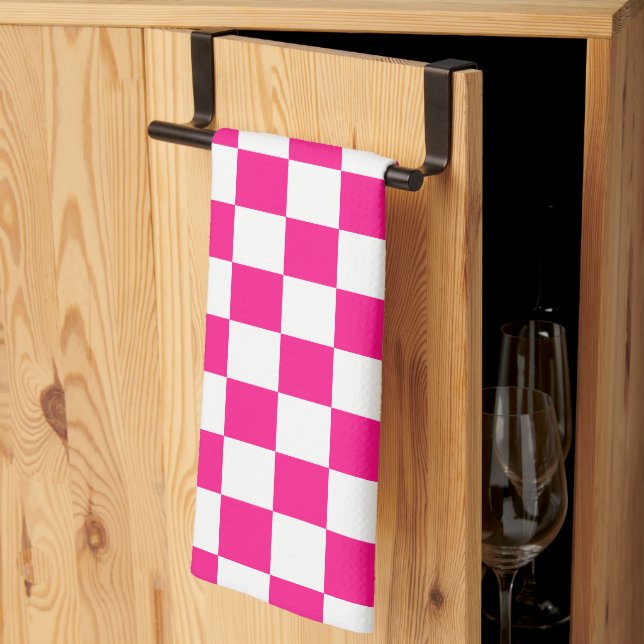 Chequered squares hot pink white geometric retro kitchen towel (Thirds Fold)