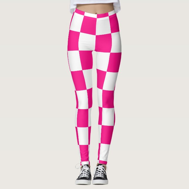 Chequered squares hot pink white geometric retro leggings (Front)