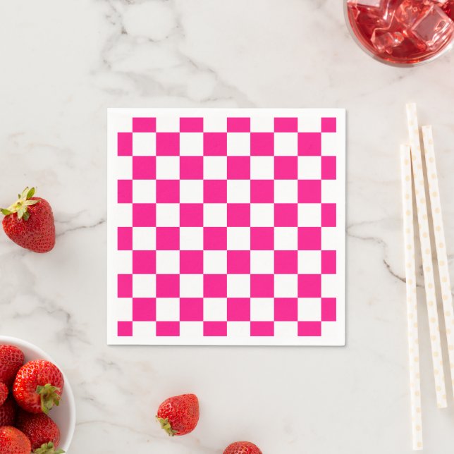 Chequered squares hot pink white geometric retro napkin (Insitu)