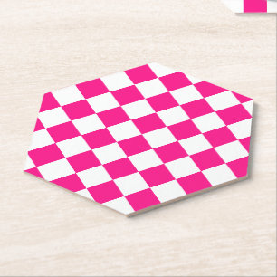 Chequered squares hot pink white geometric retro paper coaster