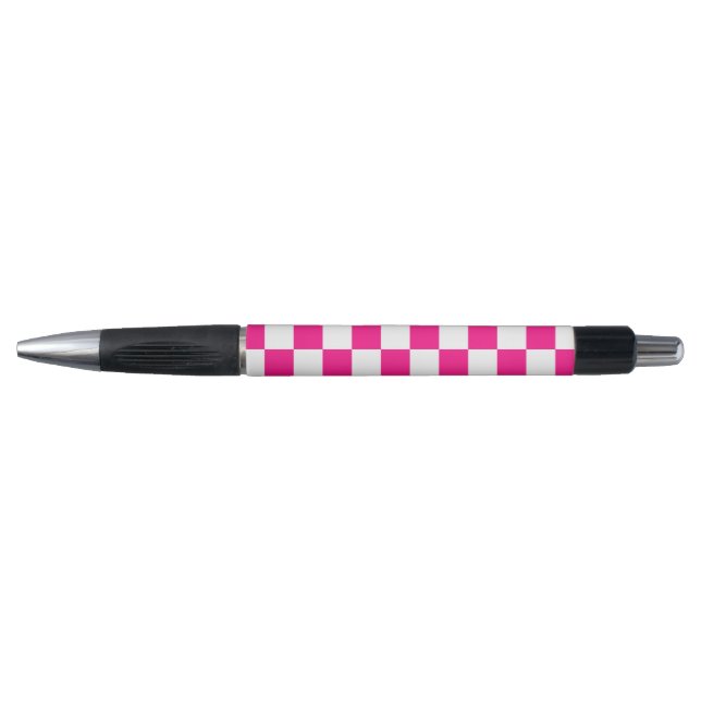 Chequered squares hot pink white geometric retro pen (Front)