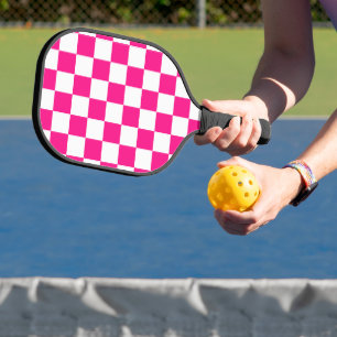 Chequered squares hot pink white geometric retro pickleball paddle