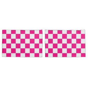 Chequered squares hot pink white geometric retro pillowcase