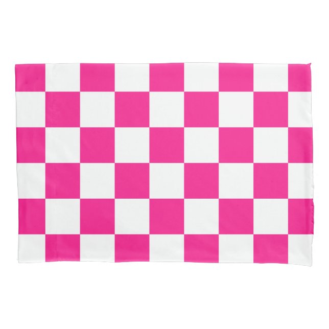 Chequered squares hot pink white geometric retro pillowcase (Front)
