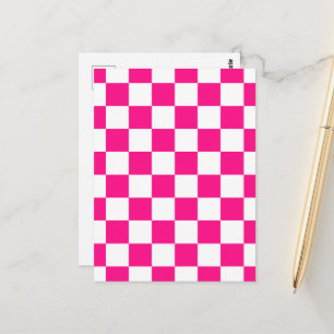 Chequered squares hot pink white geometric retro postcard