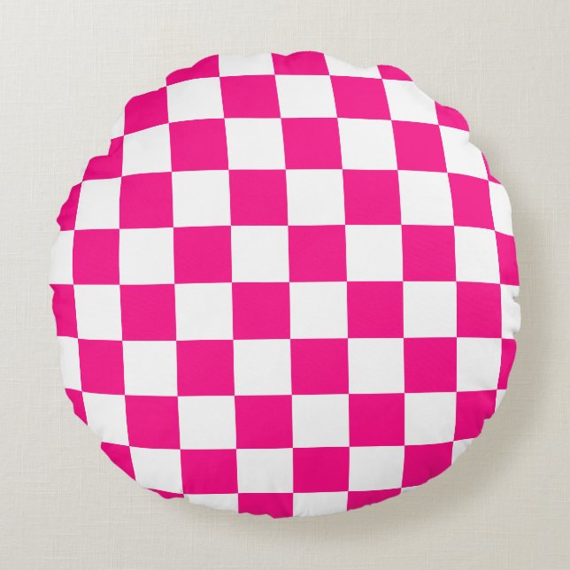 Chequered squares hot pink white geometric retro round pillow (Front)