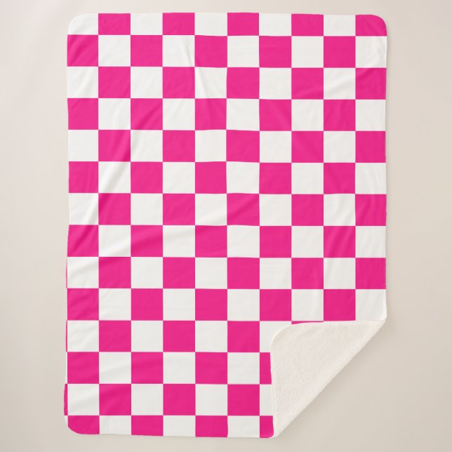 Chequered squares hot pink white geometric retro sherpa blanket (Front)