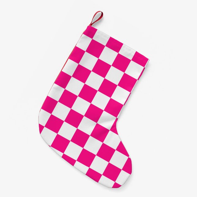 Chequered squares hot pink white geometric retro small christmas stocking (Front (Hanging))
