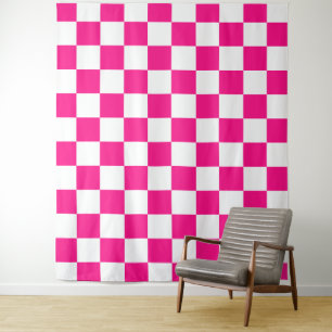 Chequered squares hot pink white geometric retro tapestry