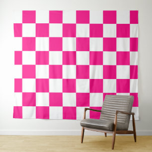 Chequered squares hot pink white geometric retro tapestry