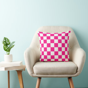 Chequered squares hot pink white geometric retro throw pillow