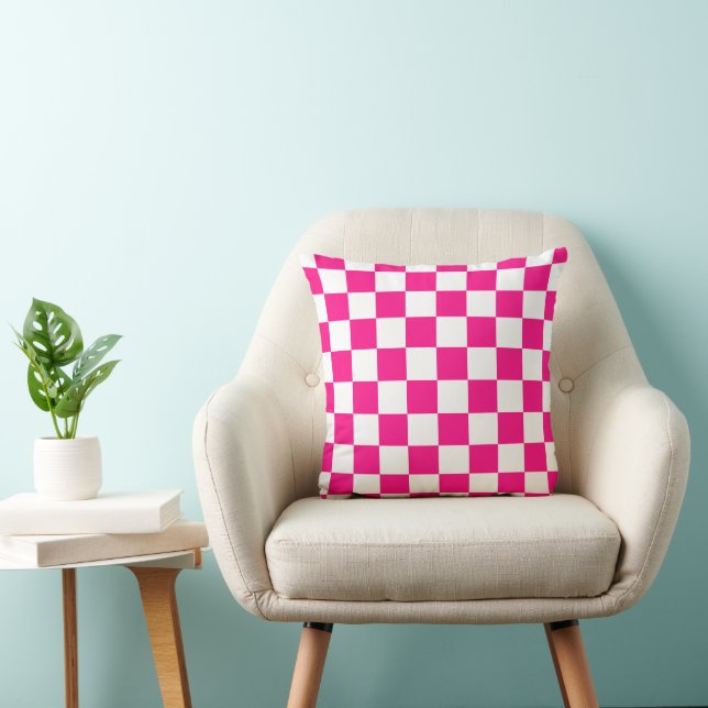 Chequered squares hot pink white geometric retro throw pillow (Chair)