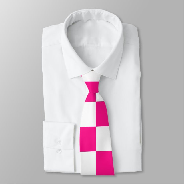 Chequered squares hot pink white geometric retro tie (Tied)