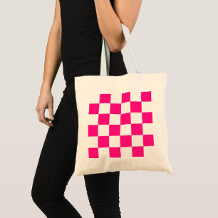 Chequered squares hot pink white geometric retro tote bag