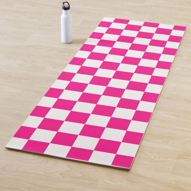 Chequered squares hot pink white geometric retro yoga mat (In Situ)