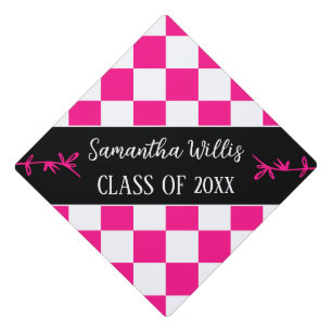 Chequered squares hot pink white retro Custom name Graduation Cap Topper