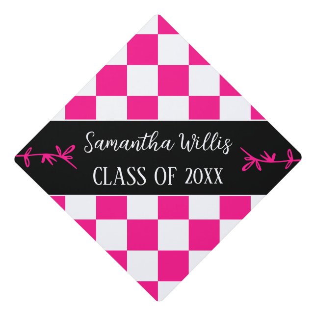 Chequered squares hot pink white retro Custom name Graduation Cap Topper (Front)