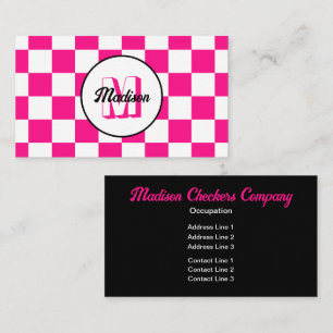 Chequered squares hot pink white retro Monogram Business Card