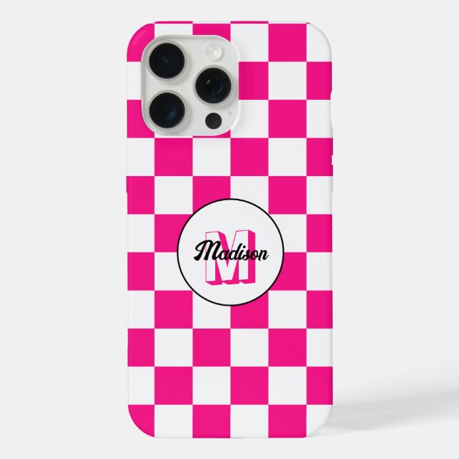 Chequered squares hot pink white retro Monogram iPhone Case (Back)