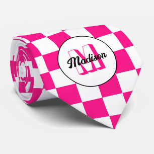 Chequered squares hot pink white retro Monogram Tie