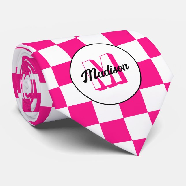 Chequered squares hot pink white retro Monogram Tie (Rolled)