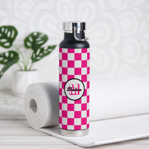 Chequered squares hot pink white retro Monogram Water Bottle