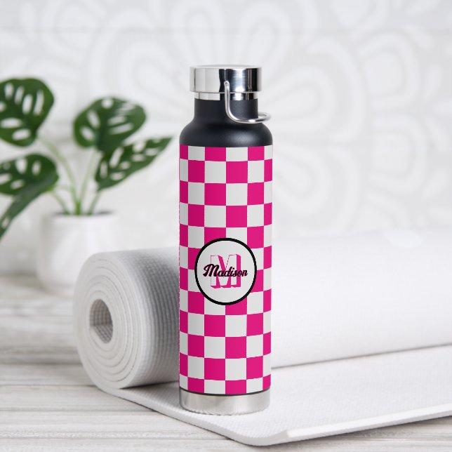 Chequered squares hot pink white retro Monogram Water Bottle (Yoga)