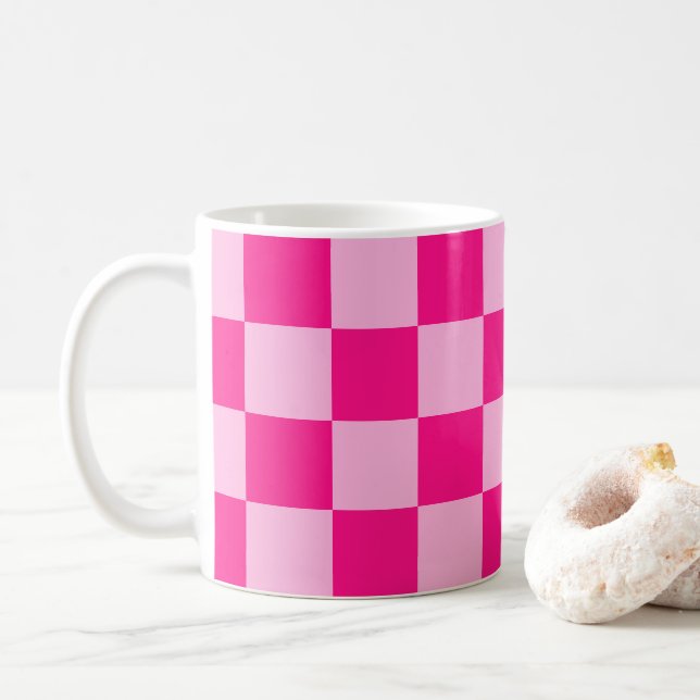 Chequered squares light hot pink geometric retro coffee mug (With Donut)