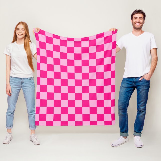 Chequered squares light hot pink geometric retro fleece blanket (In Situ)
