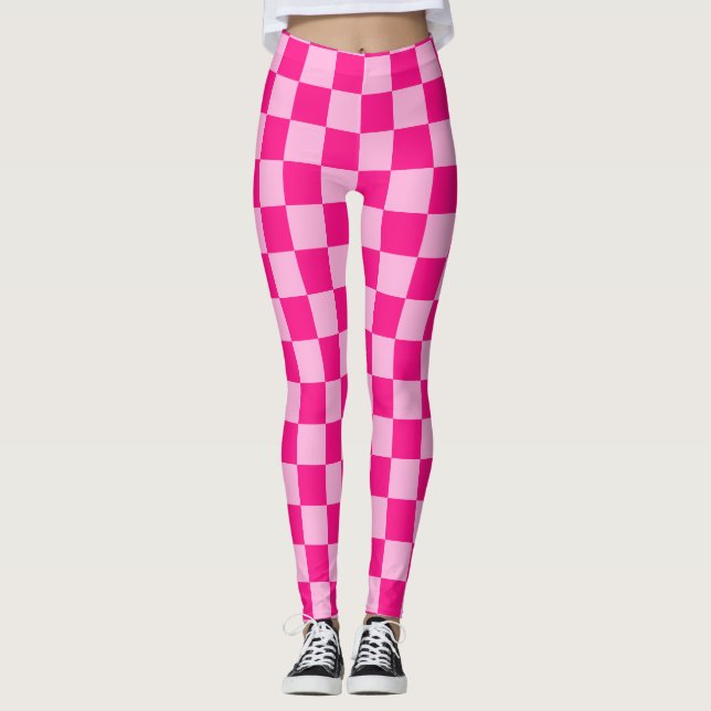 Chequered squares light hot pink geometric retro leggings (Front)