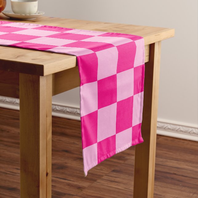 Chequered squares light hot pink geometric retro long table runner (In Situ)
