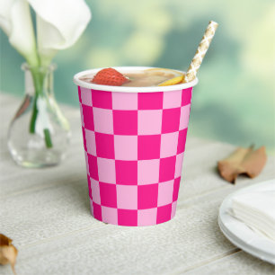 Chequered squares light hot pink geometric retro paper cups