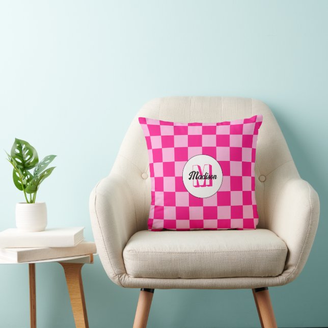 Chequered squares light hot pink retro Monogram Throw Pillow (Chair)